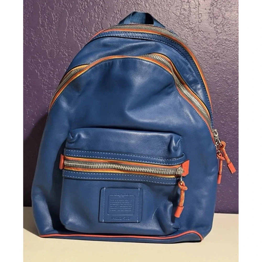 Coach Academy Leather Backpack Blue Varsity Zipper Travel Laptop New Rare $595